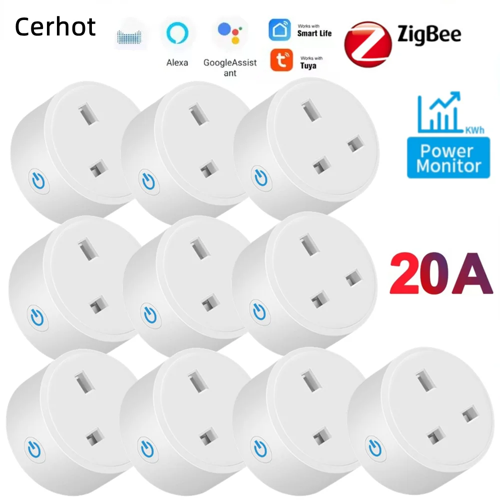 Cerhot Tuya ZigBee Plug Smart Socket 20A Power Monitor Smart Plug UK Socket 3pin Outlet Adapter with Energy Timer Work For Alexa