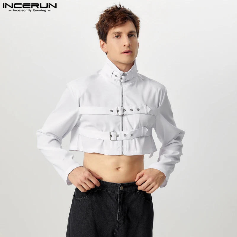 INCERUN Stylish New Men's Tops Buckle Design Cropped Jackets Male Clubwear Hot Selling Half High Neck Long Sleeved Jackets Coat