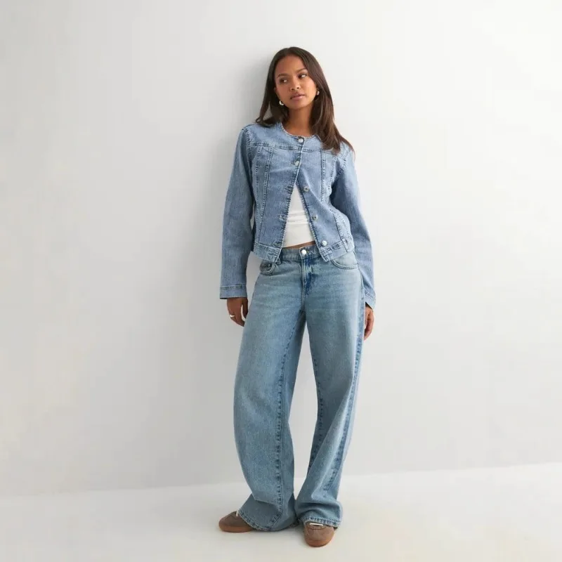 2026 ربيع الخريف الصناعة الثقيلة غسلها الدنيم سترة المرأة عادية قصيرة جان معطف س الرقبة ضئيلة المتعثرة Chaqueta ملابس خارجية