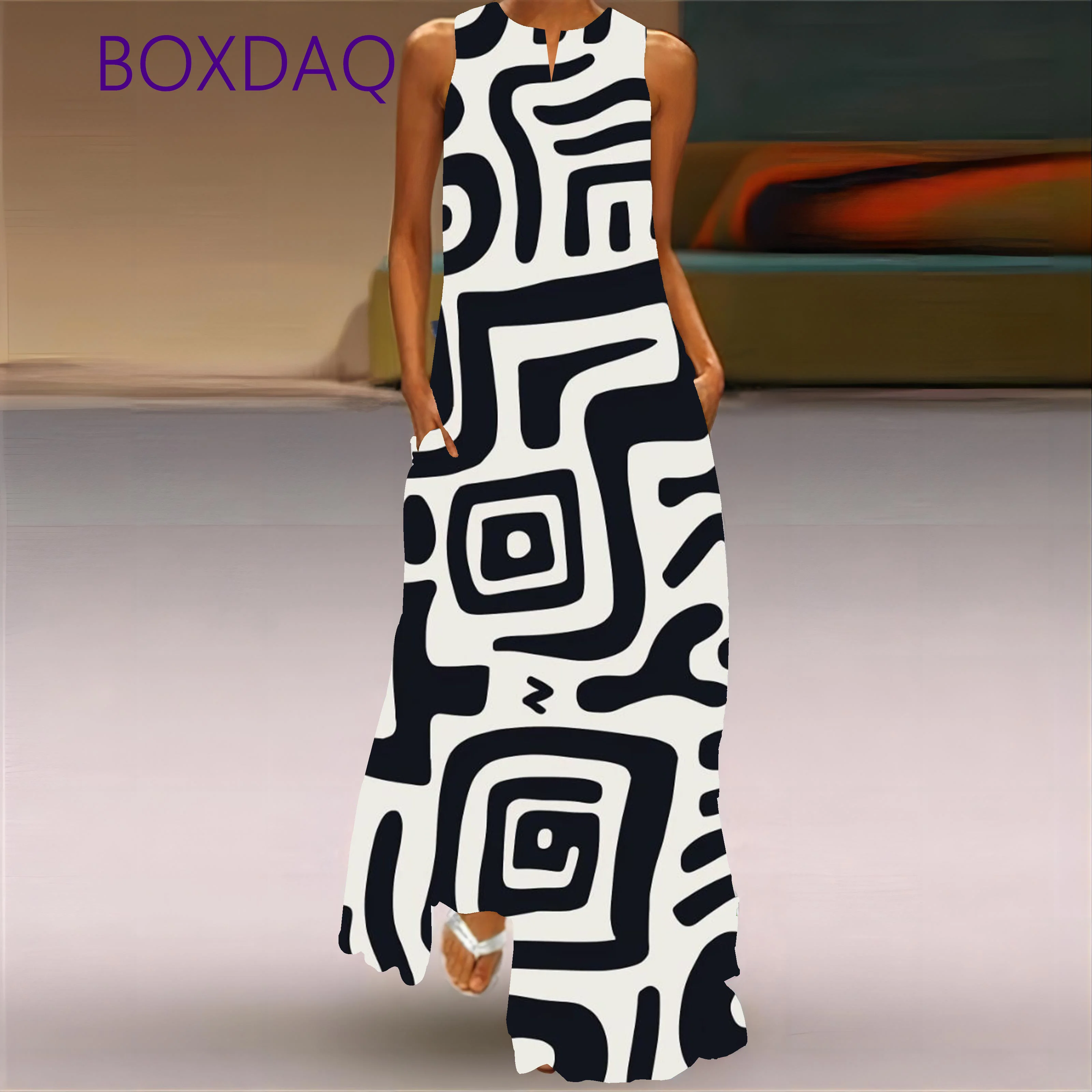 Elegant Floral Print Long Dress Women's Clothing 2025 New Spring Summer Sleeveless Sexy V-neck 3D Print Pattern Ladies Sundress