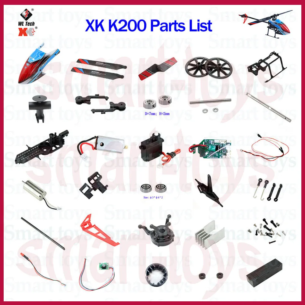 WLtoys XK K200 RC Helicopter parts Canopy Gear Motor Engine Tail Pipe Rotor head Seat Receiver Servo Shaft Frame Blades Clip LED