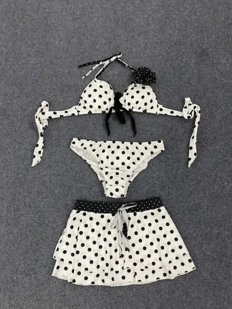 

European And American INS Harajuku Classics Cute Fashionable Sexy Hanging Neck Polka Dot Bow Tie Top+Half Skirt Three Piece Sets