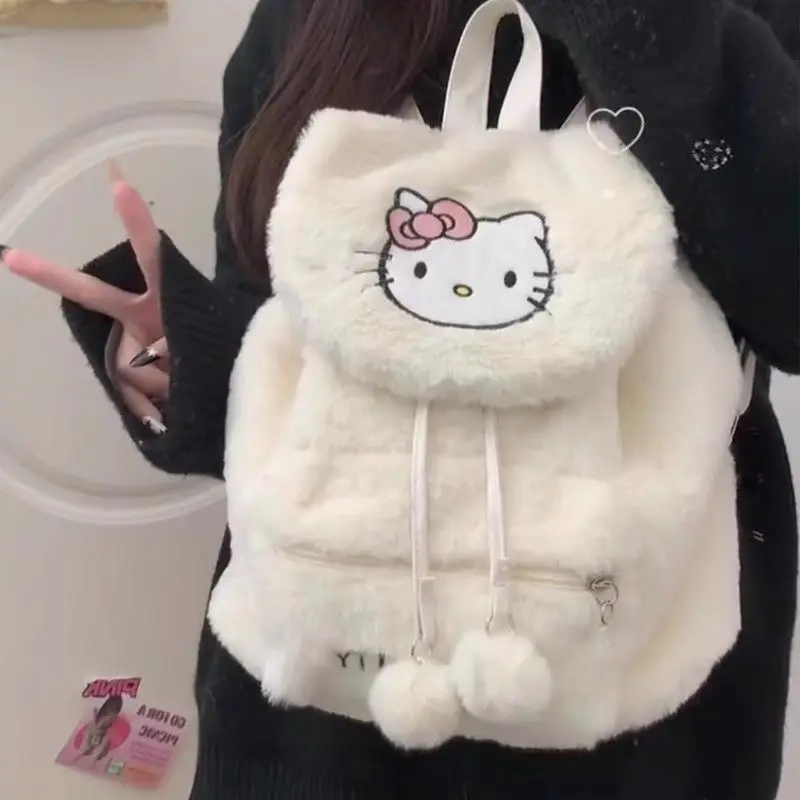 Kawaii Drawstring Flap Plush Backpack, My Melody Hello Kitty Pochacco Soft Fuzzy School Bag with Decor Casual Fluffy Daypack - view 2