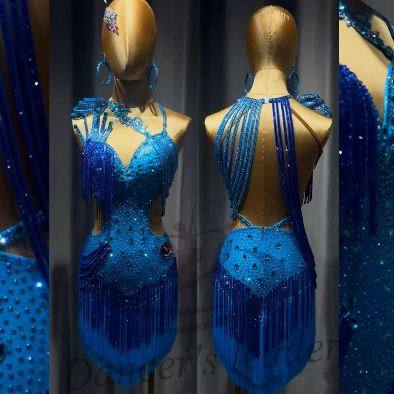 Dança latina adulto crianças vestido ab pedra high-end onda personalizada luz lago azul cheio de diamante vestido cha tango roupas femininas