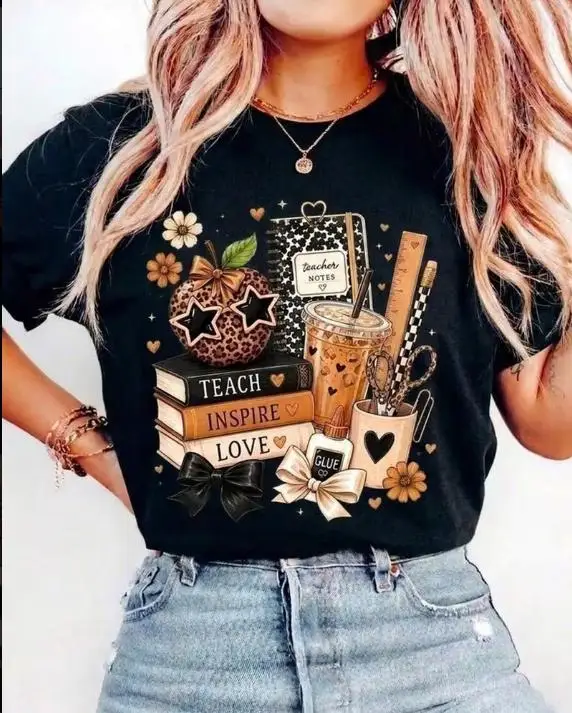 Leopard Teacher Shirt Teach Inspire Love Tee Women Preppy Back to School Supplies Graphic T Shirts Casual Short Sleeve Top