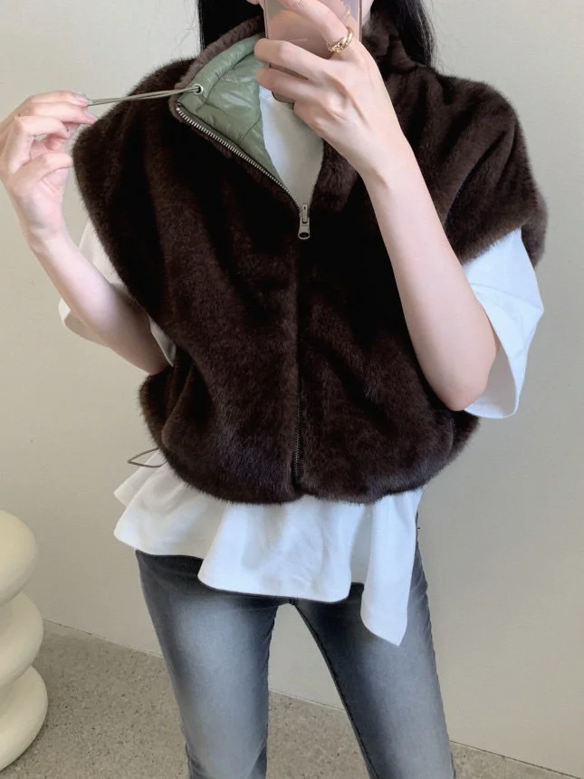 

Экологичный меховой жилет, женское модное зимнее пальто с воротником-стойкой, двусторонняя одежда, повседневный свободный крой, теплая молния