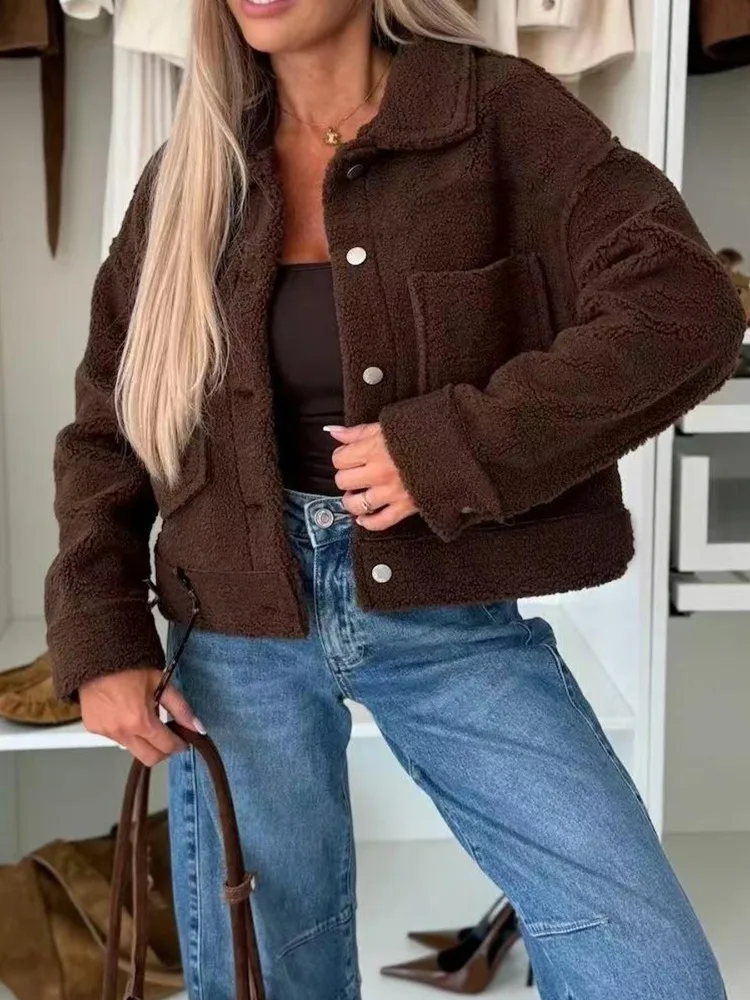 

Женская коричневая дубленка свободного кроя Freeacy, осень-зима 202, пальто на пуговицах, воротник с лацканами, верхняя одежда с длинными рукавами