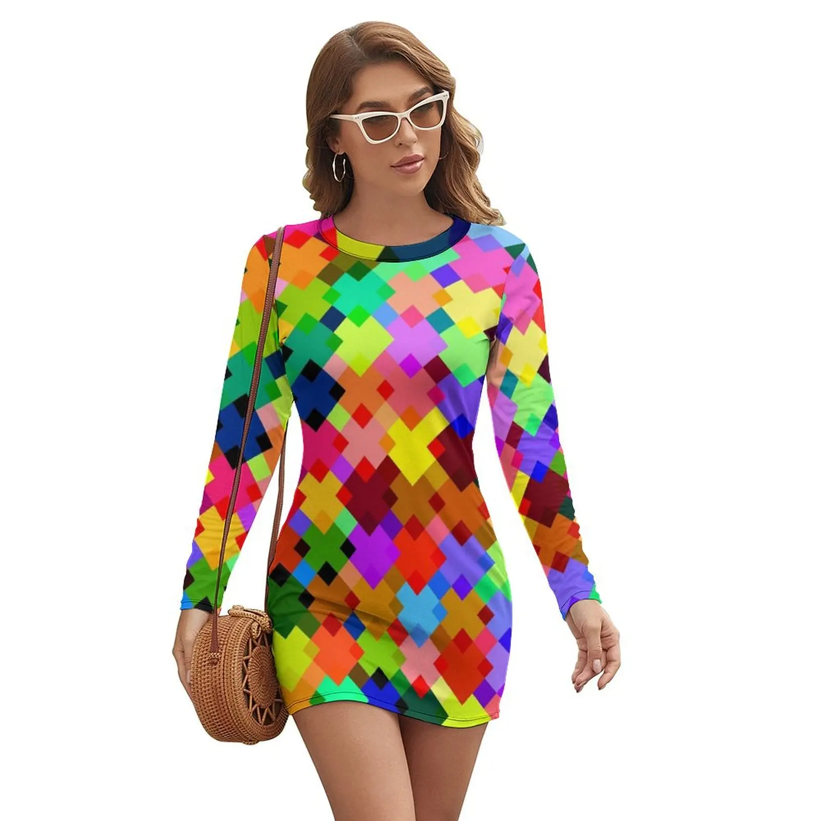 

Bright Checkered Colors Long-sleeved Dress Clothing female women's clothing korea stylish Female dress