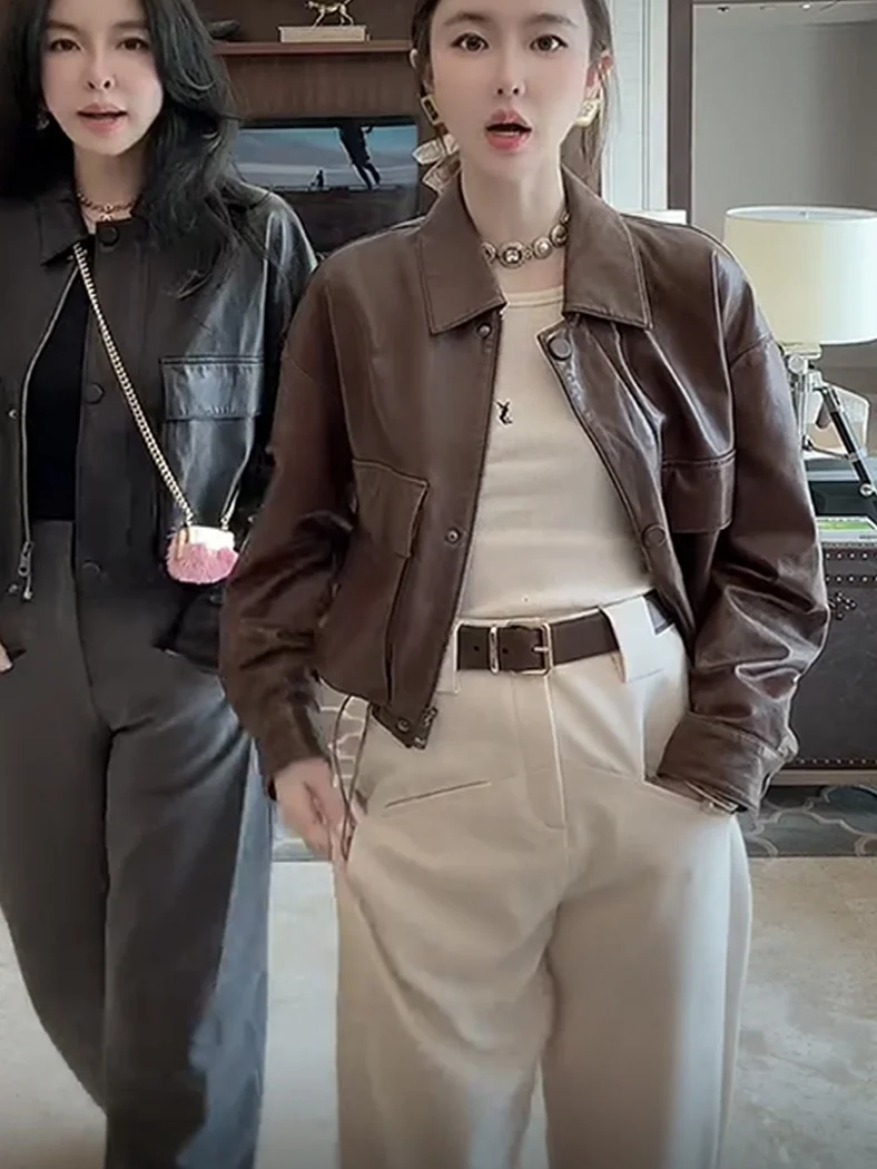陳夫人 2024年春新作 レトロ 多用途 本革 ジャケット レディース コート ウエストマーク アウターウェア