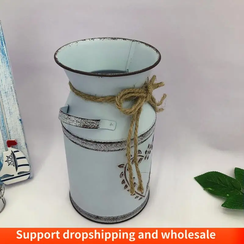 AA86 Rustic Metal Flower Vase Farmhouse Vintage Shabby Chic Galvanized Can Jug French Bucket Flower Holders For Shop Office