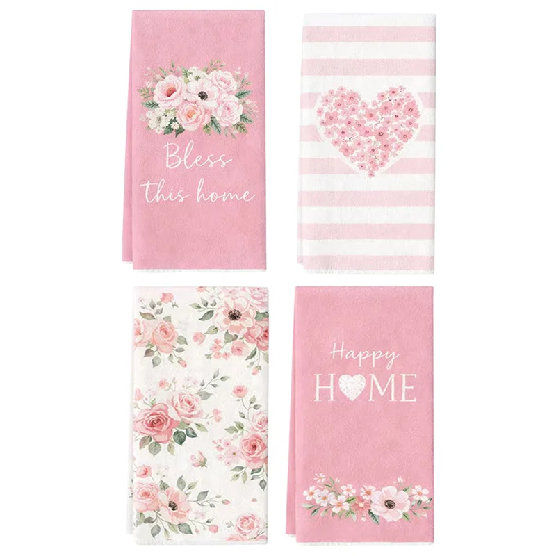 Aliexpress 4Pcs, Pink Bouquet + Heart Home Kitchen Towels, 40Cm*60Cm Towel Set, Super Absorbent Soft Cleaning Cloth, Cooking and Baking Tea Towel, Hand Towel, Cleaning Cloth, Dishwashing Cloth, Kitchen Decoration, Living Room Decorations, Kitchen Essentials, Home Essentials - Aliexpress Deal