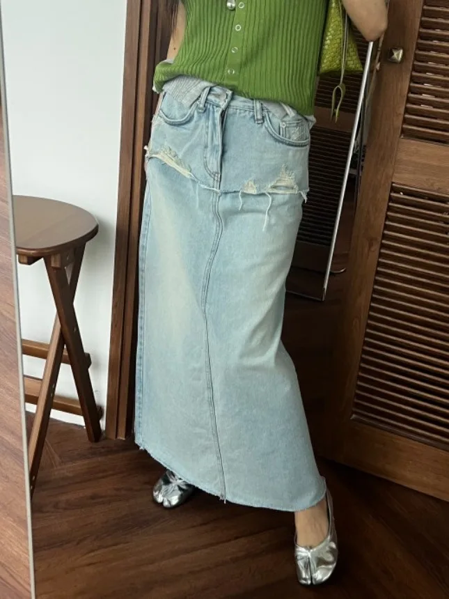 

High Waist Denim Skirt Women's Casual Torn Splicing Design A-Line Long Skirt Back Split White Grinding Design
