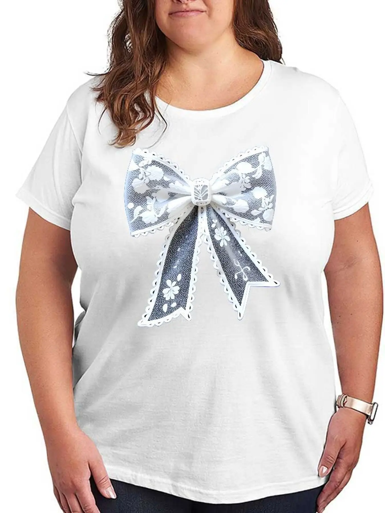 Women's T Shirt Elegant Floral Bow Print Fashion Tops Stretchy Casual Tee Plus Size Short Sleeve Soft Comfortable Ladies Clothes