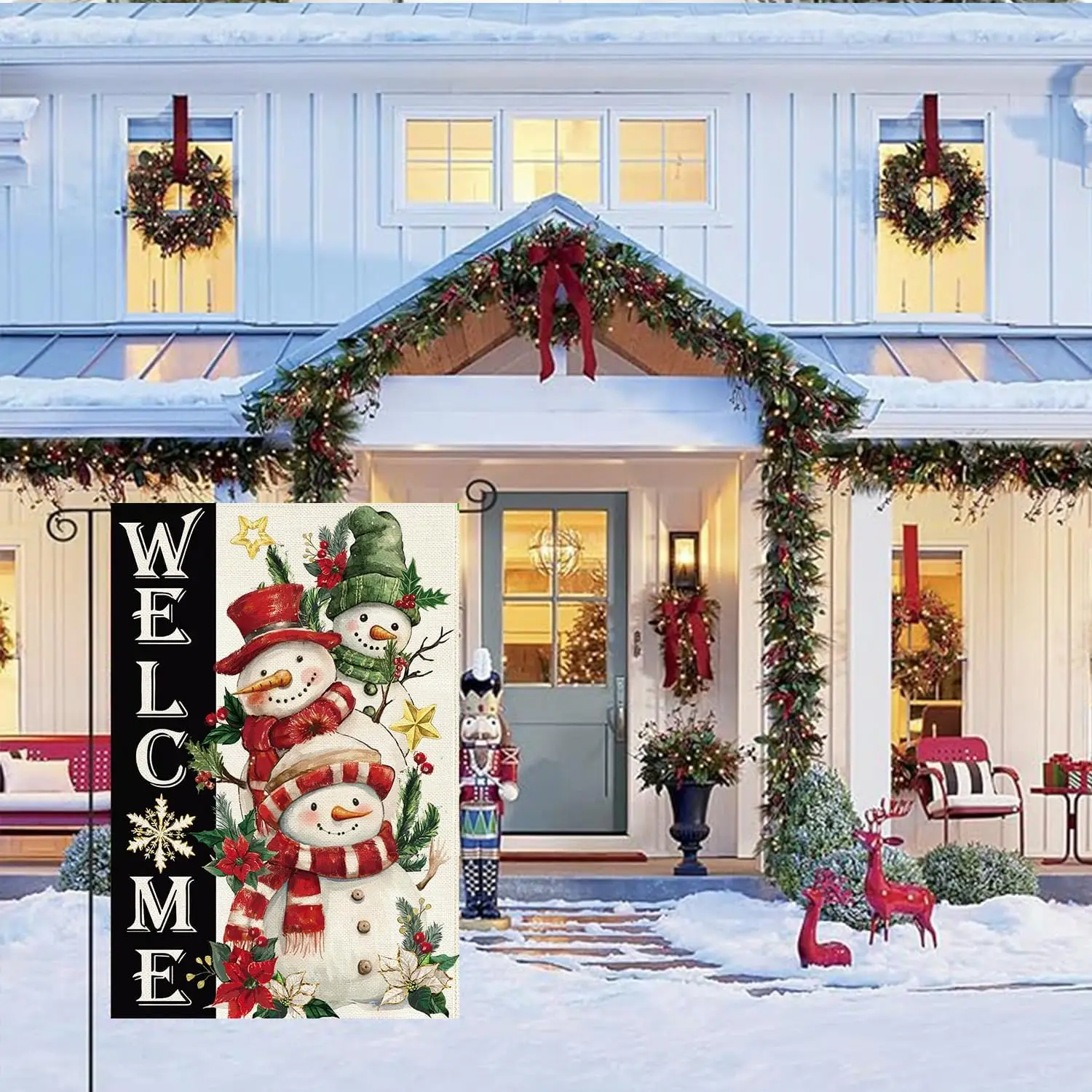 Baccessor Christmas Cute Snowmans Garden Flag Burlap 12.5x18 Inch Double Sided Winter Holly Red Berries Snowflake Welcome Sm KKW