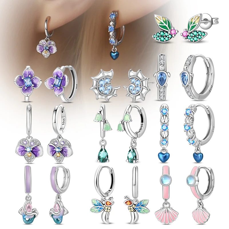 New Hoop Earrings 925 Sterling Silver Flowers insects conches Shell Earrings For Woman Party Wedding Fashion Jewelry Gift