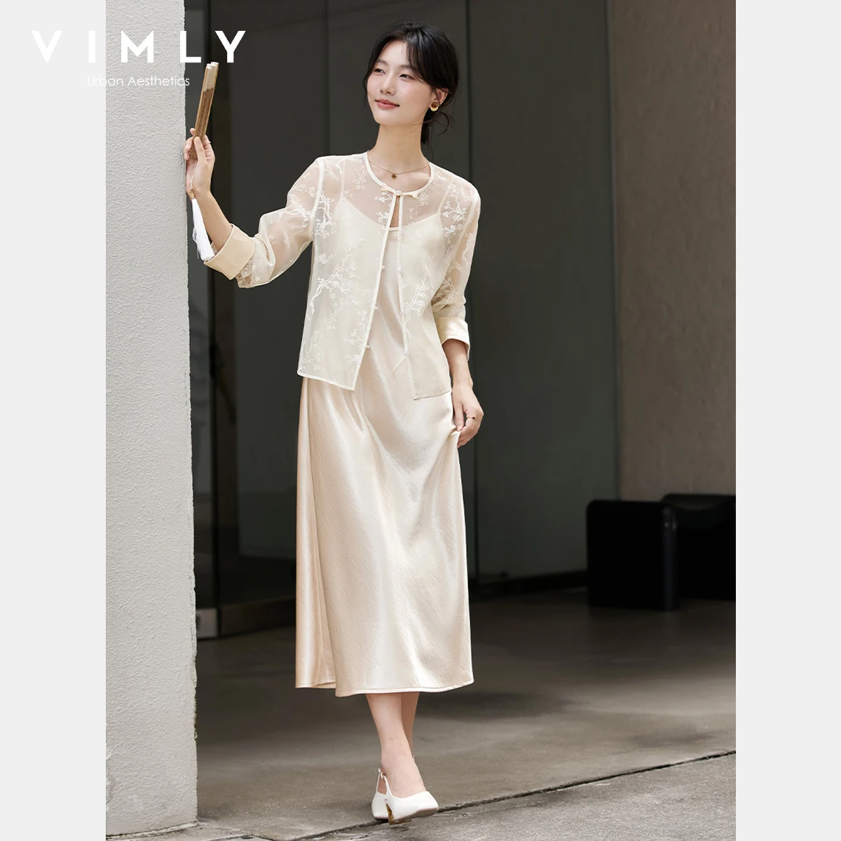 Vimly conjuntos de vestido de duas peças feminino estilo chinês manga longa impressão floral jaqueta longa suspender vestidos de cetim 2025 outono a2683