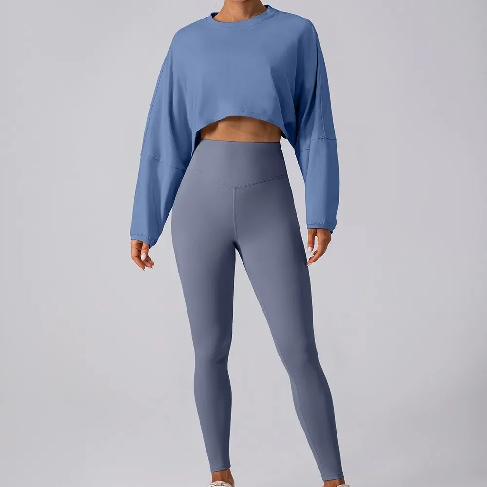 Crew neck sweater T-shirt, sports short bottoming shirt, yoga running loose long-sleeved top women