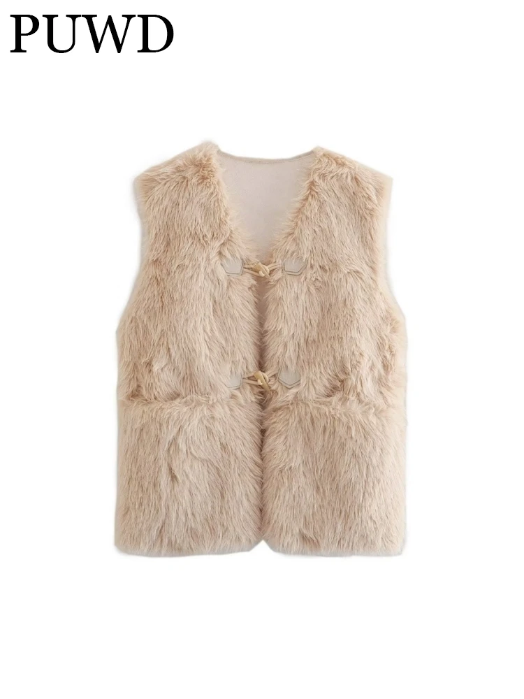 

Puwd Women V Neck Fashion Thick Warm Faux Shearling Waistcoat Vintage Sleeveless Horn button Jacket Vest Female Thick Outwear