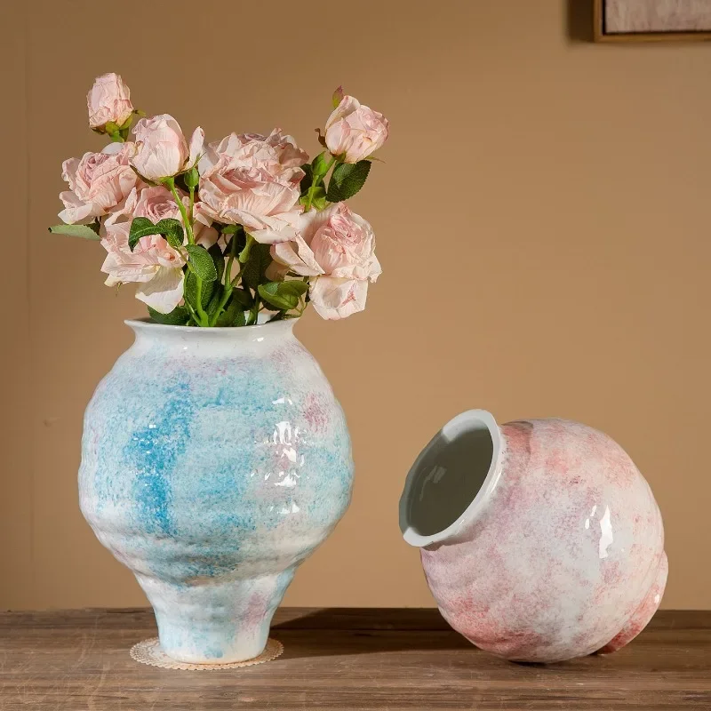 Art Ceramic Vase Handmade Gradual Change Decoration Vase Aesthetic Retro Pottery Flower Vases Elegant Living Room Table Ornament