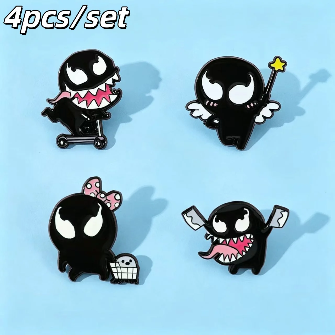 4pcs/set Cute Chibi Black Monster Enamel Pins Cartoon Devil Lapel Brooch Backpack Clothes Badge Accessories Decoration Fans Gift