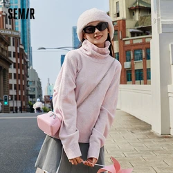 Semir-Suéter de gola alta feminino, oversize, cera macia, versátil, cor sólida, desgaste exterior, inverno, novo, 2023