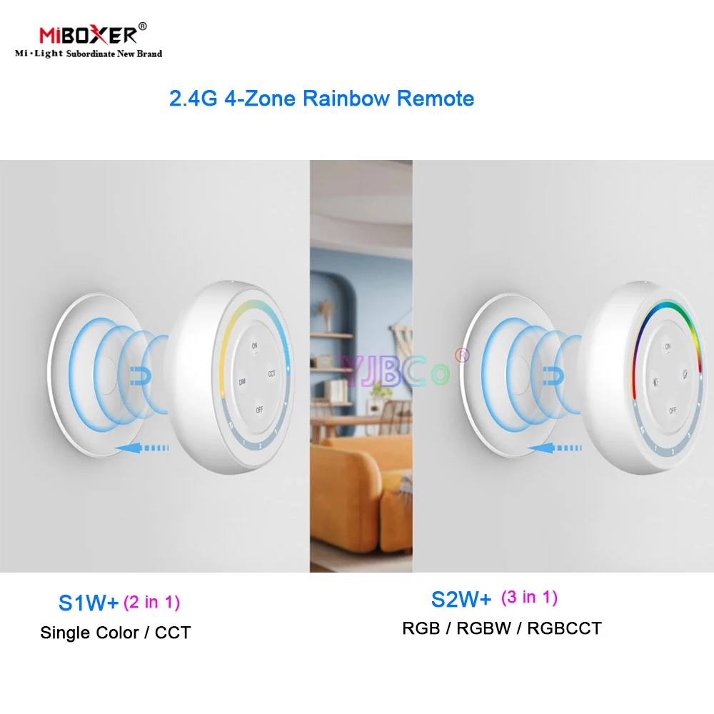 Miboxer 2.4G 4 Zone Rainbow Remote RGB/RGBW/RGBCCT 3 in 1 LED Strip Controller Single color/CCT 2 in1 Light Bulb dimmer Switch