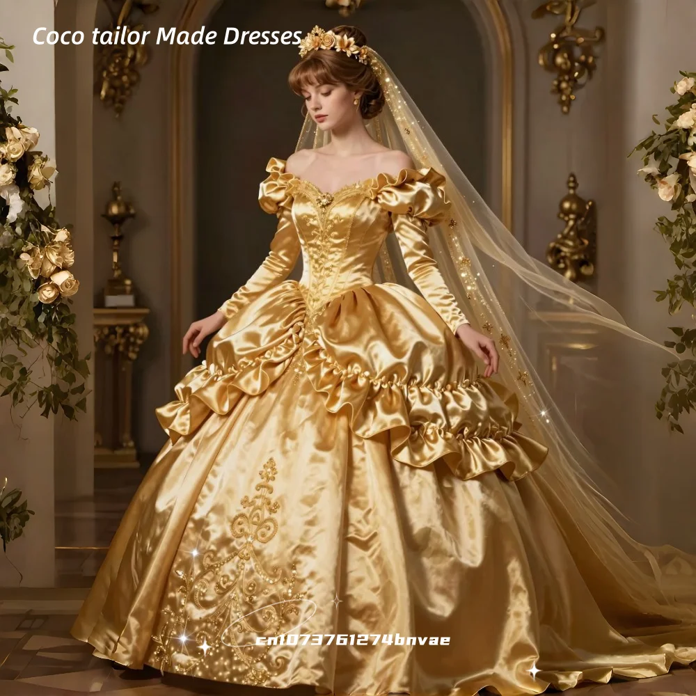 

Vintage Victorian Gold Wedding Dresses Puff Long Sleeves Ball Gown Princess Bridal Gowns Gold Lace Appliques Ruffles Customized