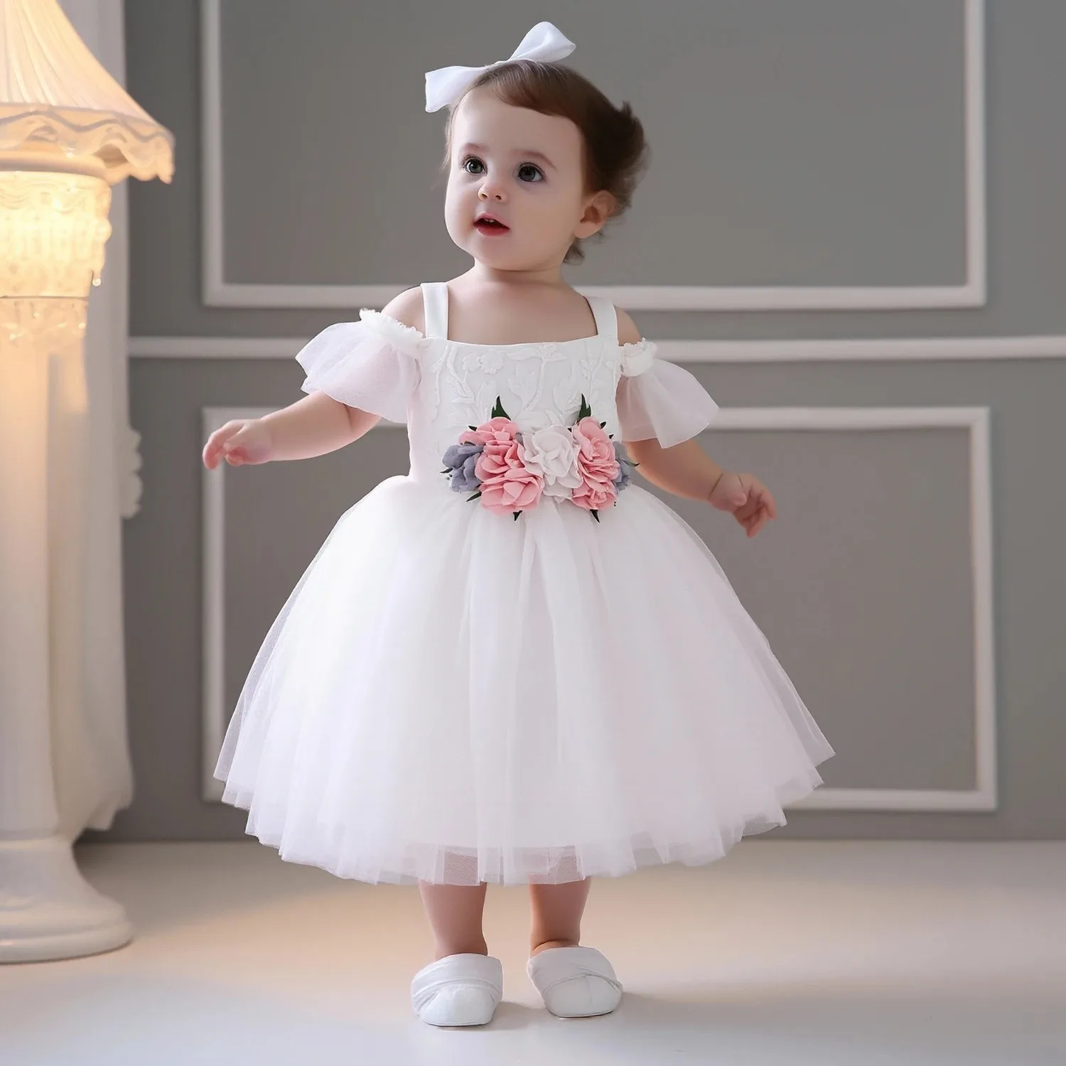 

Elegant Flower Baptism Party Baby Girl Dress Toddler Tulle Wedding Princess Prom Gown White Bridesmaids Birthday Dresses Costume