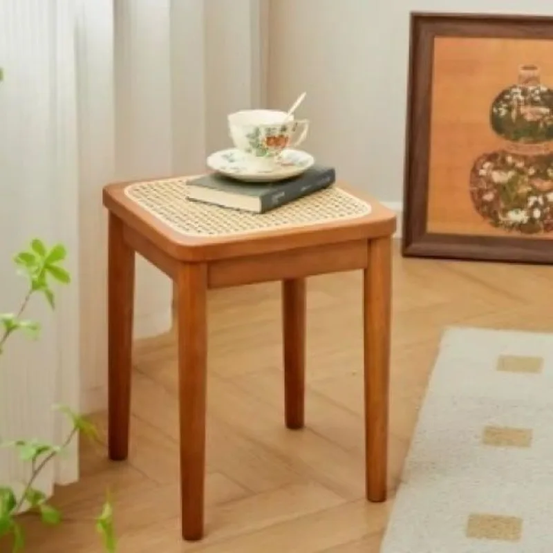 Nordic solid wood rattan woven rattan double-layer rattan surface fashionable small stool simple and durable household essential