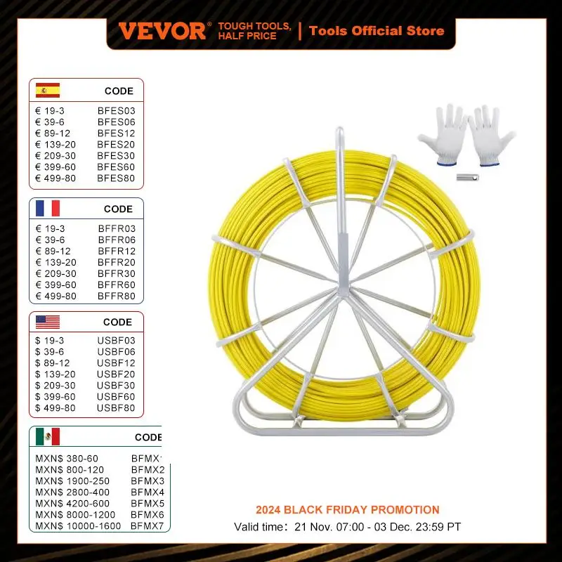 VEVOR Fish Tape Fiberglass 492ft 5/16in Duct Rodder Fishtape Wire Puller Cable Running Rod with Steel Reel Stand 3 Pulling Heads