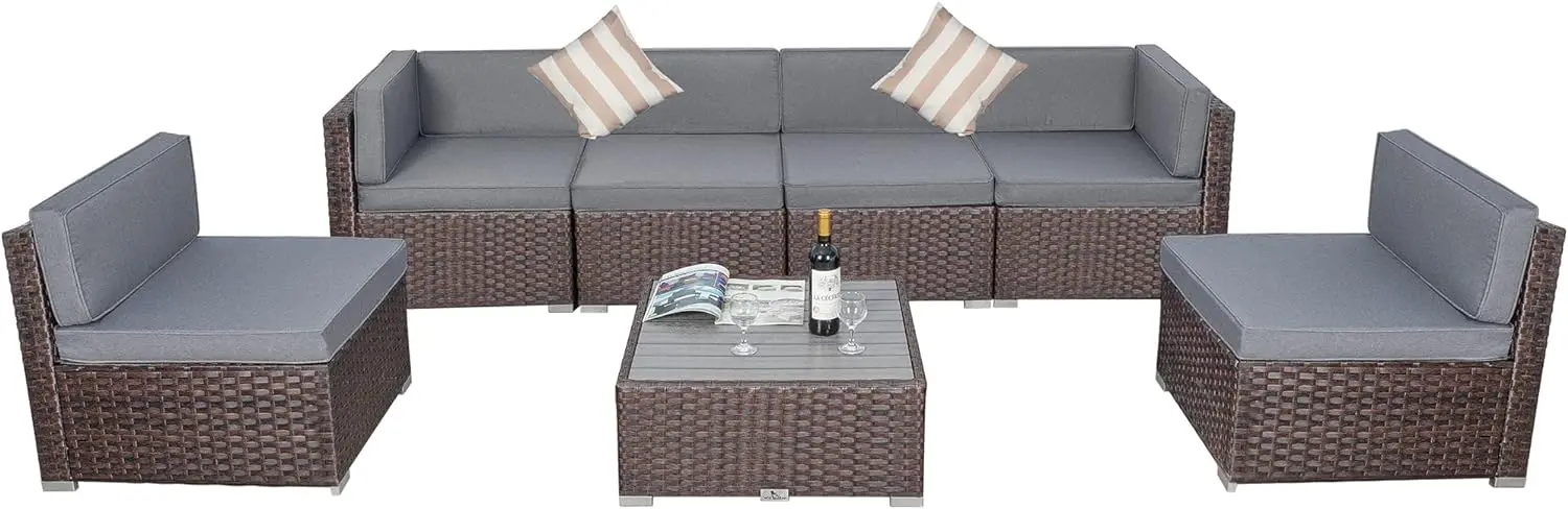 Juego de muebles de mimbre para Patio exterior, conjunto de sofá seccional para exteriores con cojines, 7 piezas