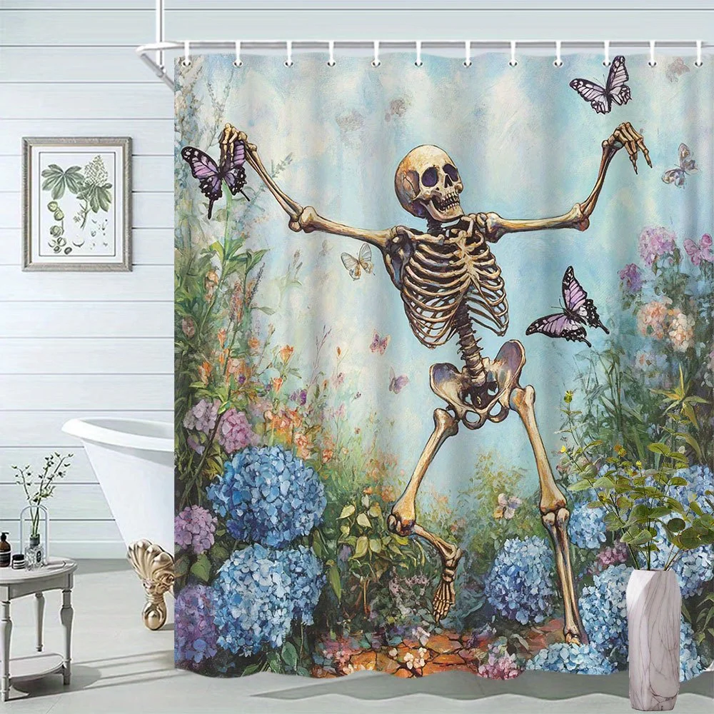 ハロウィン スケルトン & バタフライ シャワーカーテン - 油絵風、自然風景、ポリエステル製バスルーム装飾、フック12個