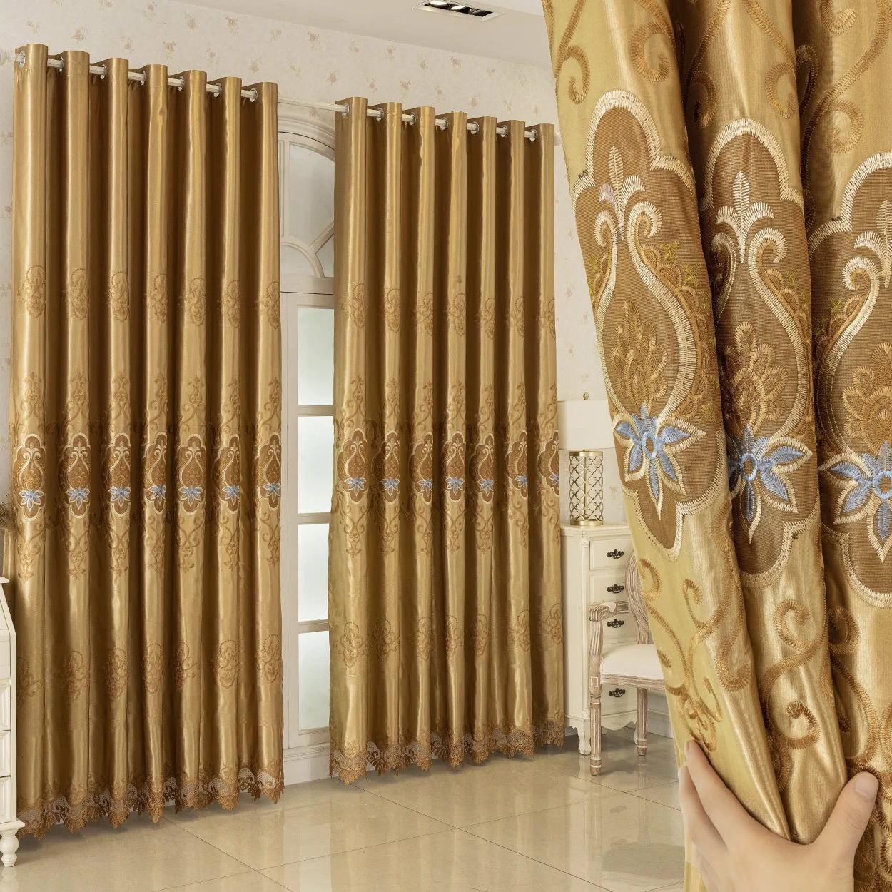 1-panel European-style embroidered sheer blackout curtain, top ring hanging, UV protection, darkens the room, suitable for livin