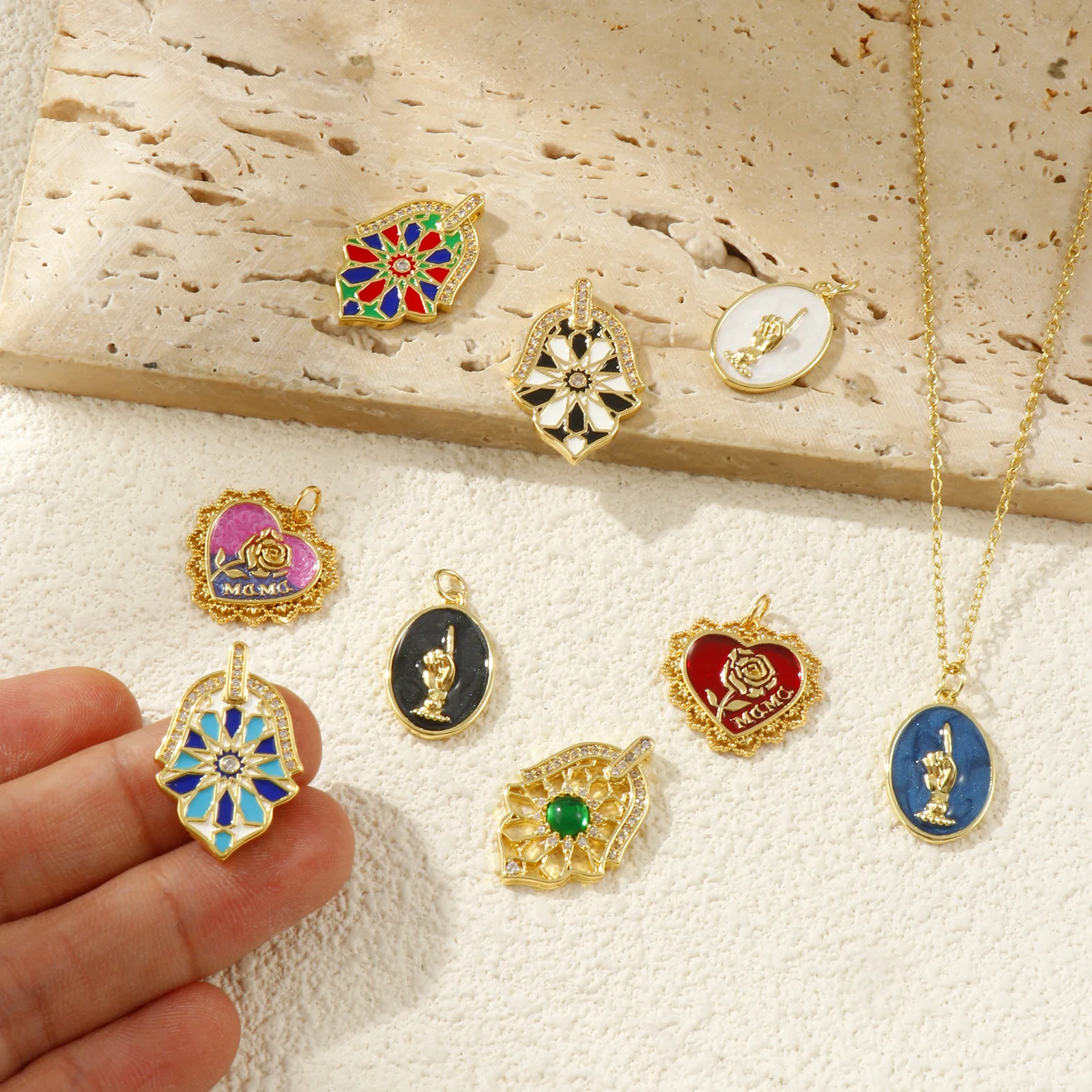 1 Piece Brass Charms Enamel Heart Rose The Hand of Fatima 18K Gold Plated Pendant For DIY Necklace Jewelry Making Findings