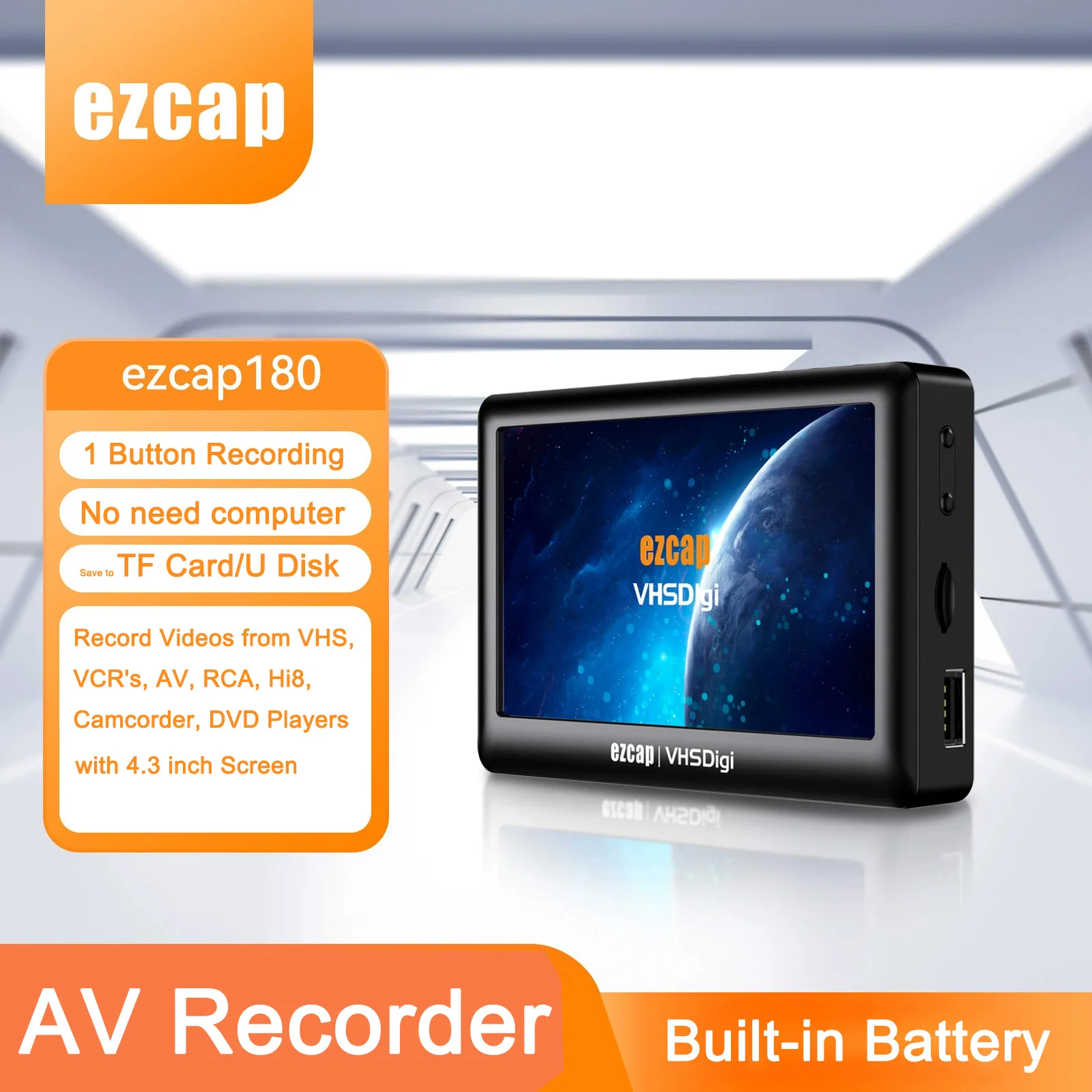 Ezcap180 AV Recorder Analog Video To Digital Video Converter Independent Record for VHS,VCR, AV, RCA, Hi8, Camcorder, DVD Player