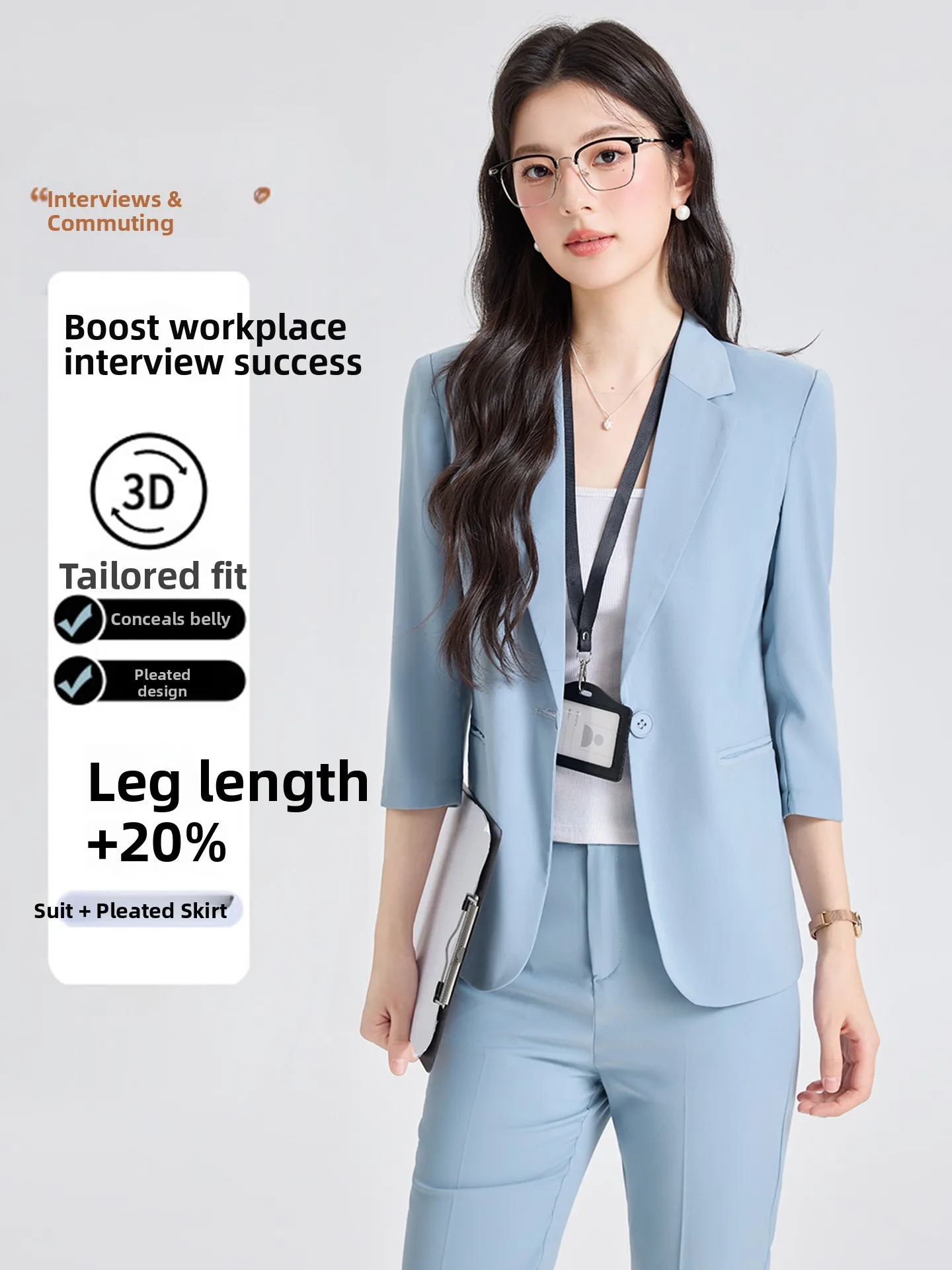 

Light Blue Women's Suit Jacket Thin Casual Professional Commute Fashionable 3/4 Sleeve Suit Set Loose Fit Button Detail Polye...
