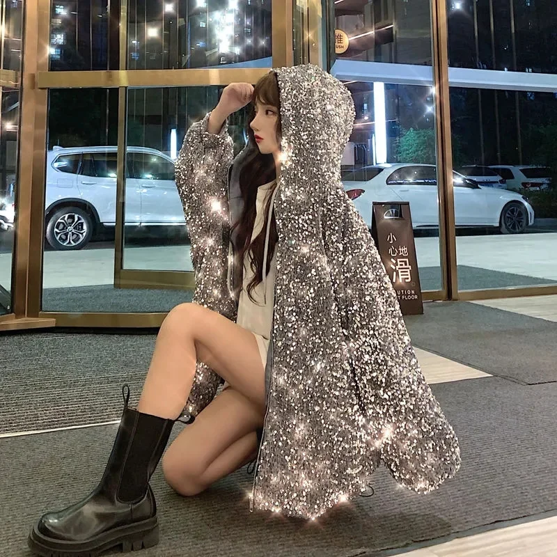 Starry Sky Hooded Coat Women 2023 Spring Korean Version Loose Versatile Short Thickened Cotton Coat Trendy INS Commuter Sequins