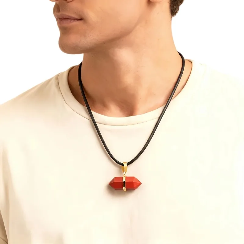 

Cherry Quartz Gemstone Double Terminated Hexagonal Crystal Necklace with 45CM Leather Cord Ready to Wear Pendant Jewelry