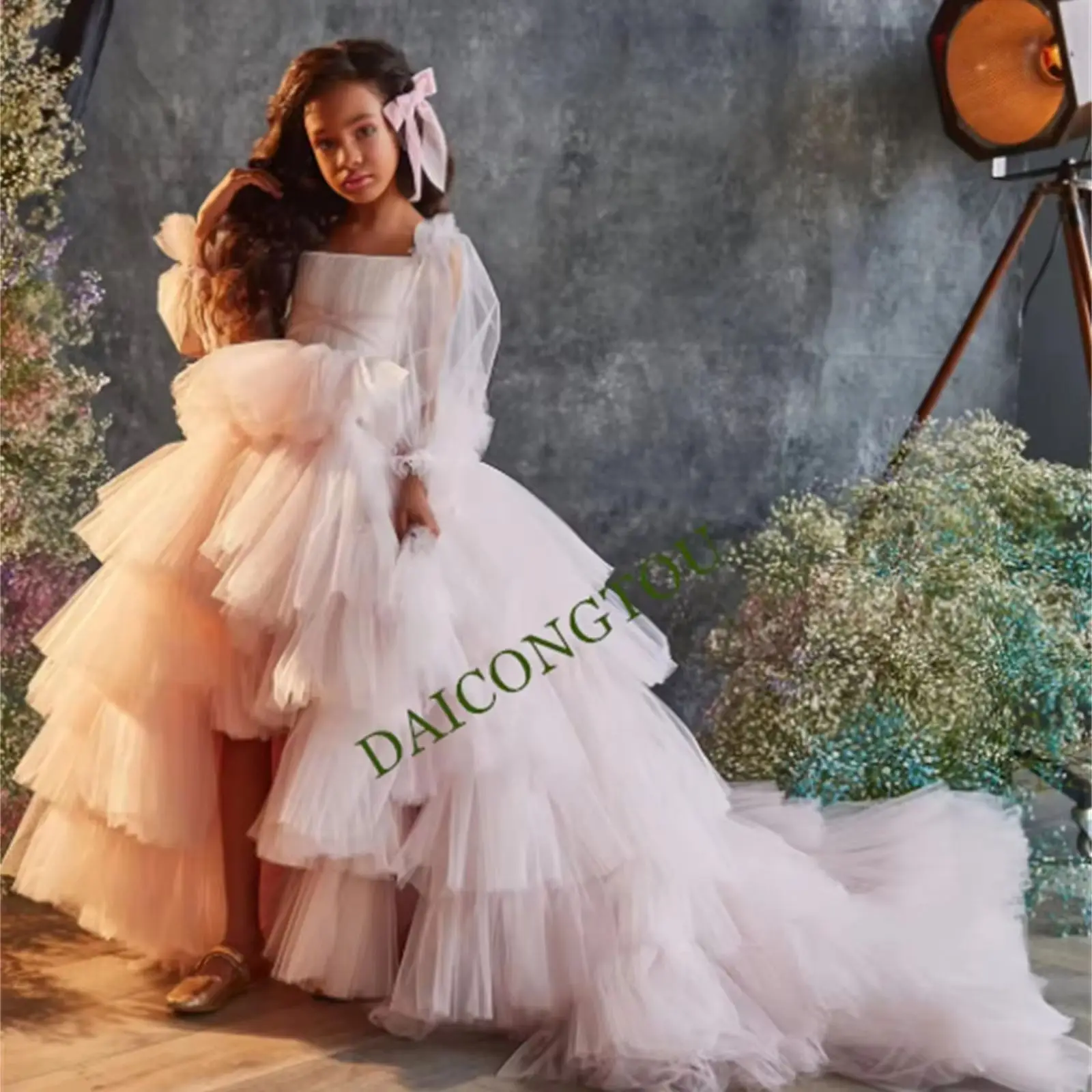 

CustomizedLight Pink Girl's Party Gowns Long Sleeves Girl Wedding Dress Short Front Long Back Ball Gowns For Kids Birthday Dress