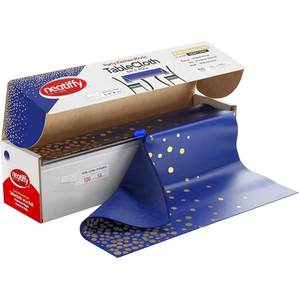 

100ft Roll Blue Gold Dot Plastic Tablecloth with Slide Cutter for Rectangle, Square, Oval Tables - Waterproof for Parties, Weddi