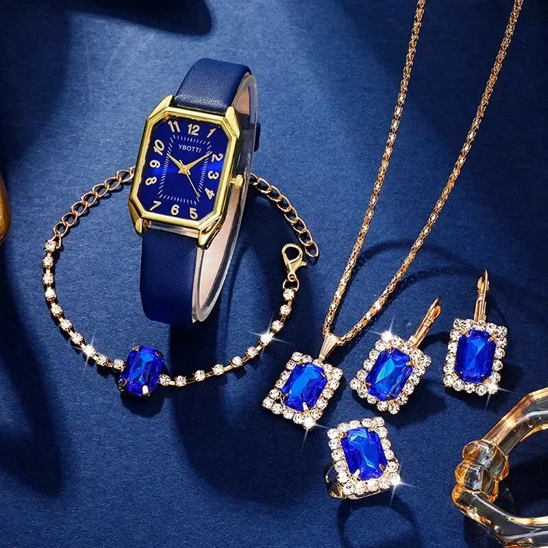 6 pcs Relógio de pulso quartzo quadrado feminino, pulseira de couro azul, clássico, simples, luxo, marca, moda, senhoras