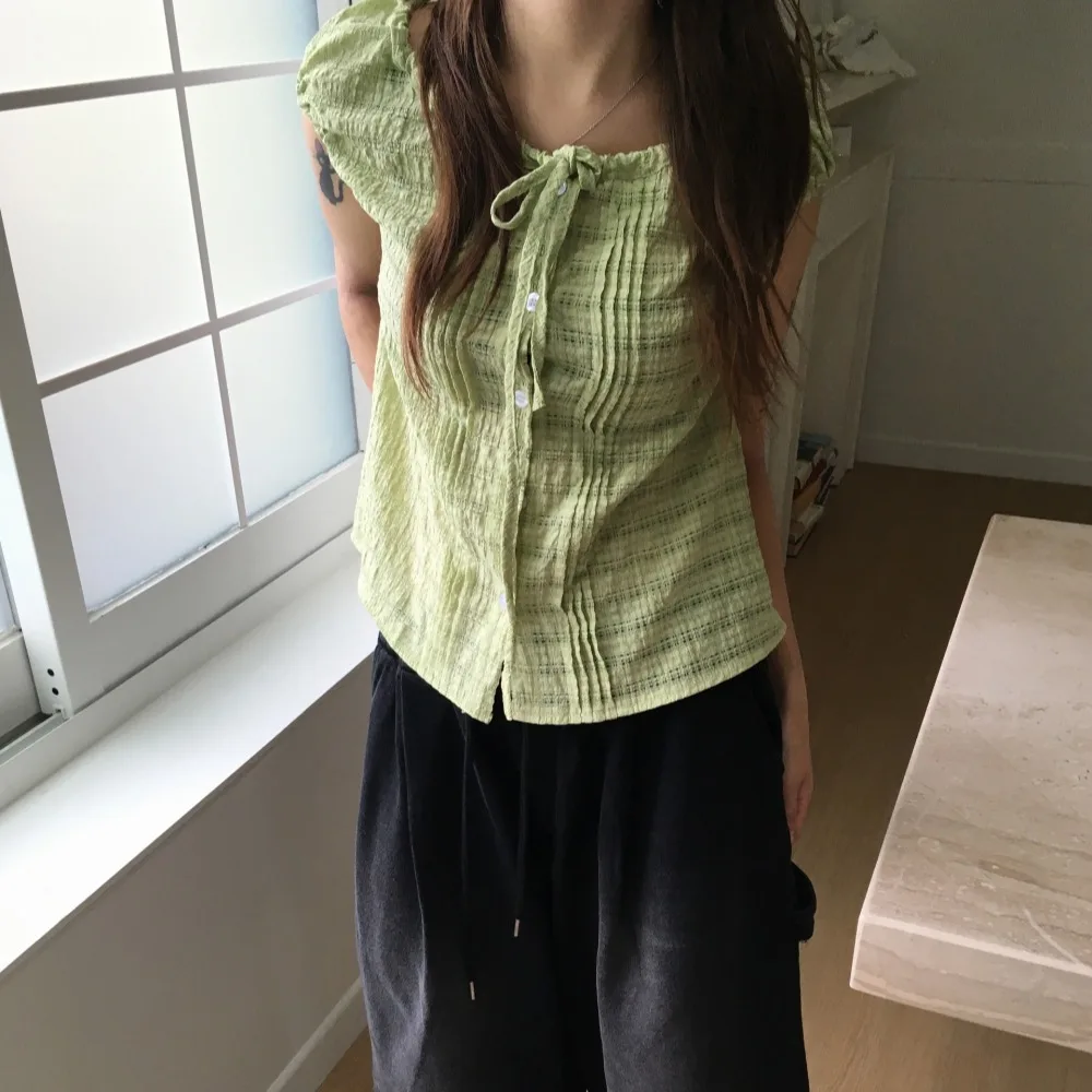 Korean Style Chic Plaid Short Sleeve Single Button Women's Shirt Drawstring Design Versatile Top Gathered Hem Bubble Sleeve