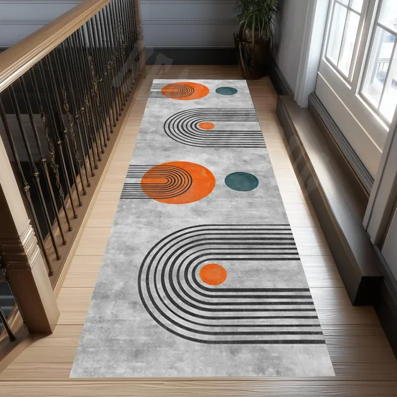 Gray Mid-Century Runner Rug Abstract Orange Circles Mid Century Colorful Corridor Hallway Carpet Non-Slip Runner Rug Carpet