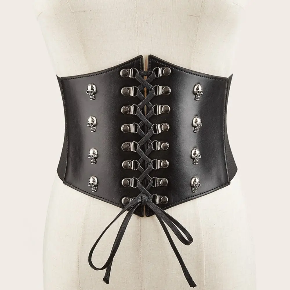 Fascia da smoking in pizzo regolabile gotico Cintura a corsetto in pelle tinta unita Cintura a fiori Corsetto a vita larga da donna