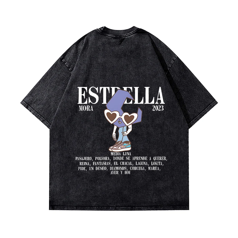 Mora New Album Estrella Merch Cotton Vintage Wash Tee Shirt  Crewneck Tee Shirt Fashion Streetwear  Round Neck Short Sleeved