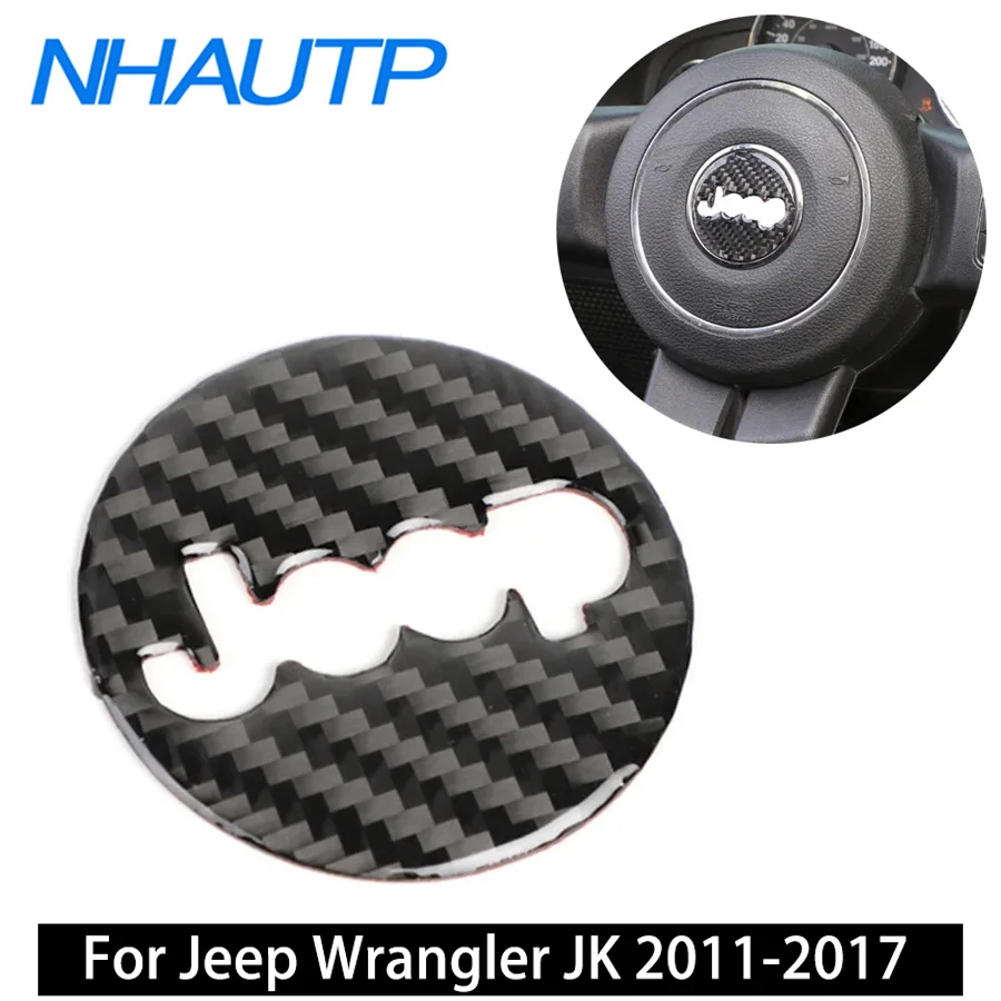 NHAUTP 1Pcs Carbon Fiber Steering Wheel Center Trim Sticker For Jeep Wrangler JK 2011-2017 Interior Decoration