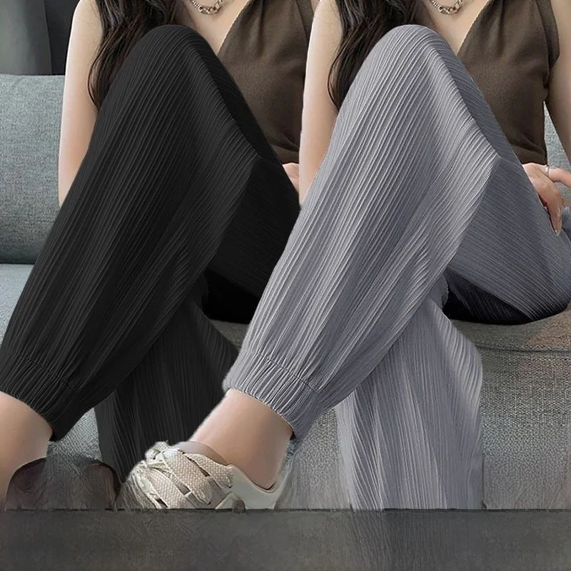 

Женские спортивные брюки из ледяного шелка, свободные, утягивающие, маленького размера, с манжетами, модные брюки-фонарики с высокой талией, повседневные брюки с карманами