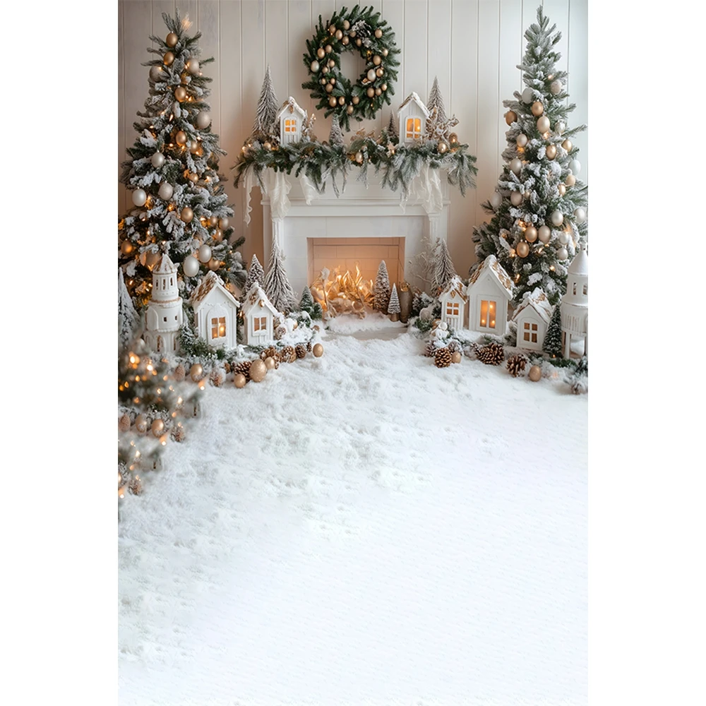 

White Christmas Photography Backdrop Christmas Tree Fireplace Wreath Winter Kids Family Portrait Xmas Photo Background Decor