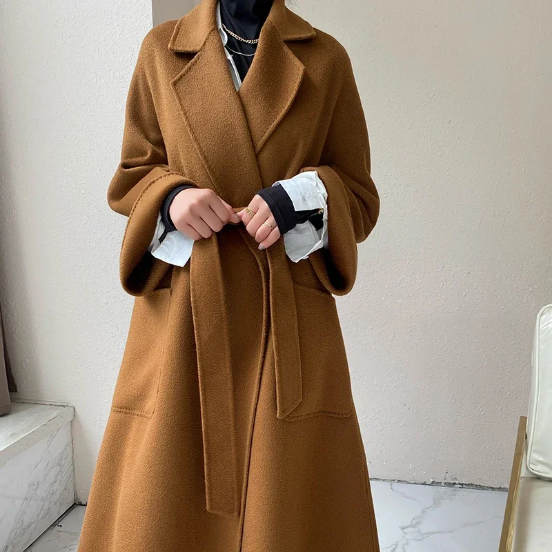 Double-sided Cashmere Coat Women Water Ripple High-end Thick Temperament Warm Woolen Coat Female Outerwear Autumn Winter Long