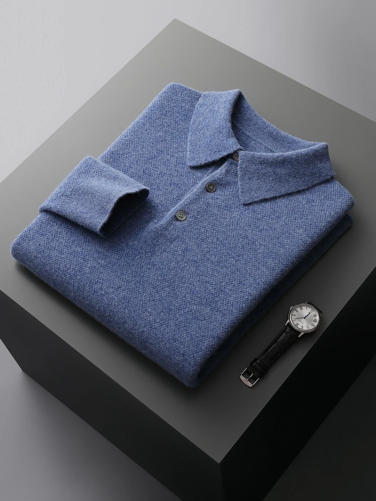 

Men's Sweater Pullovers Spring Autumn 100% Merino Wool Knitwear Polo Collar Shirt Button Cashmere Solid Office Casual Clothing